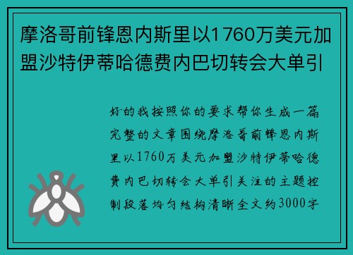 摩洛哥前锋恩内斯里以1760万美元加盟沙特伊蒂哈德费内巴切转会大单引关注